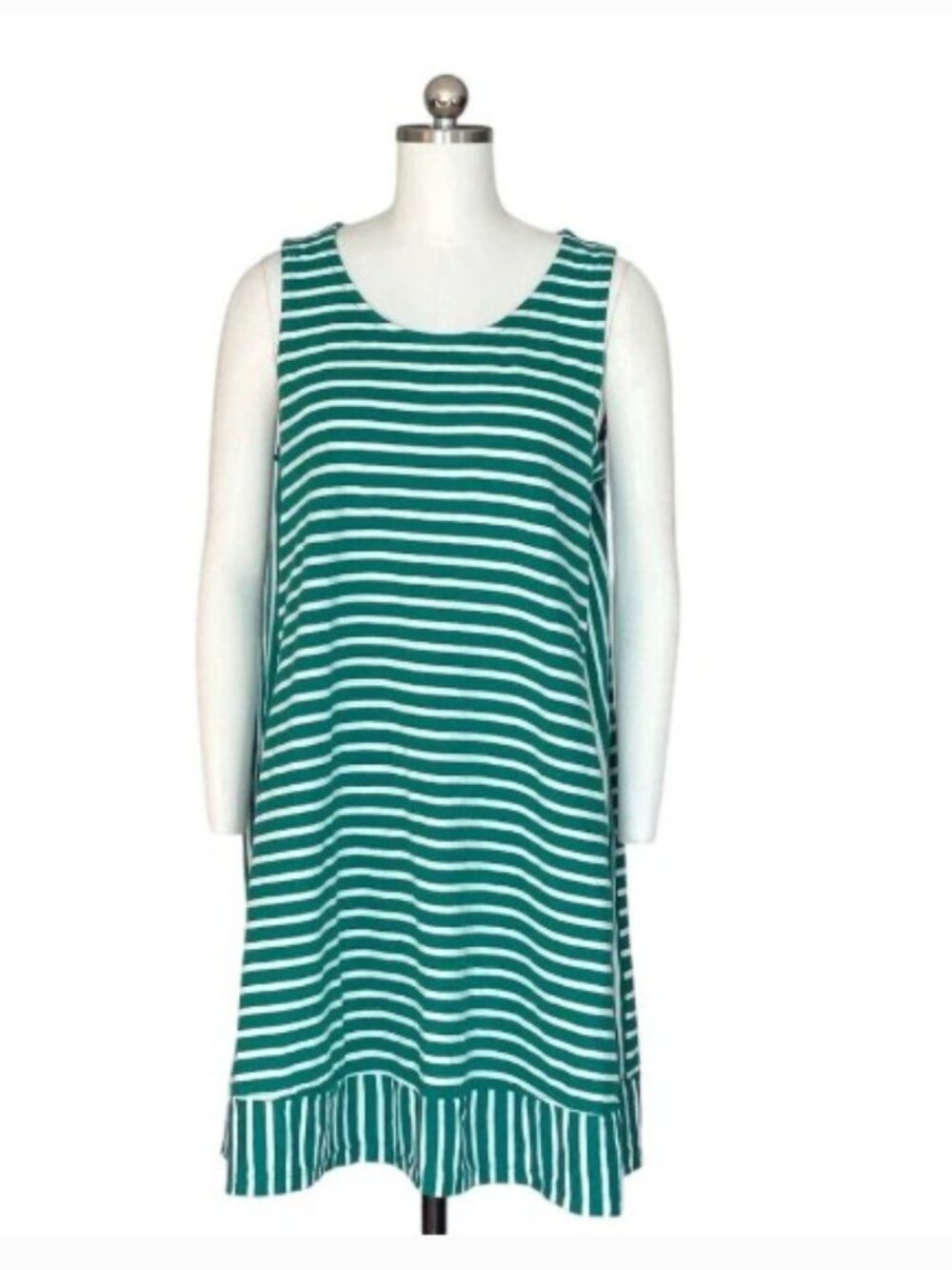 Lands' End Green & White Striped Sleeveless Swing Knee Dress Large